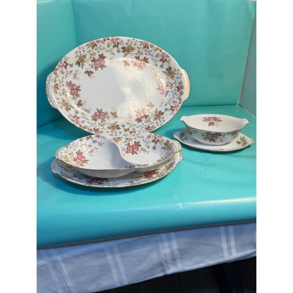 Sango Carlton fine China Set‎ of 4 (2) Platters, Gravy Boat, Divided Dish